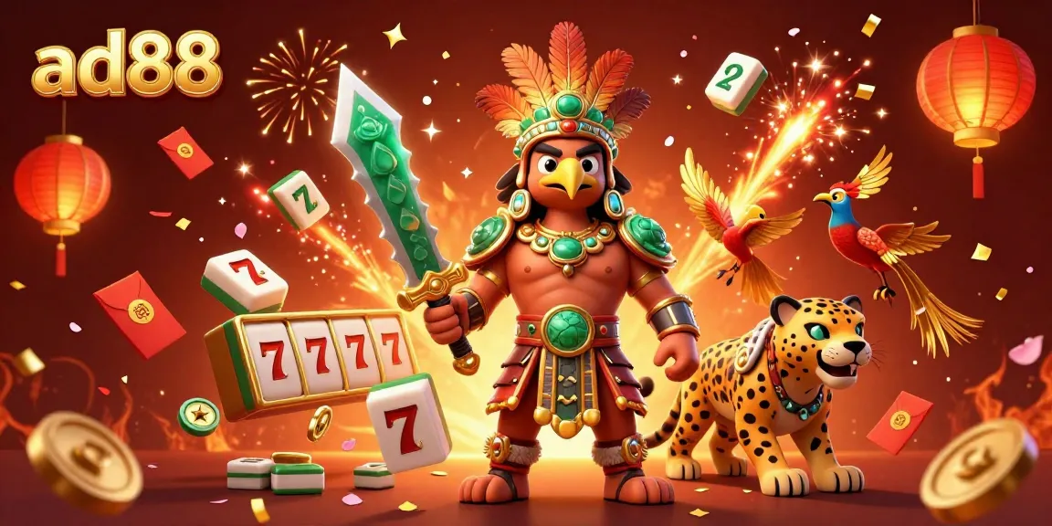 Spin the reels and watch ad88 come alive with vibrant imagery of slot games featuring warriors and festive elements.