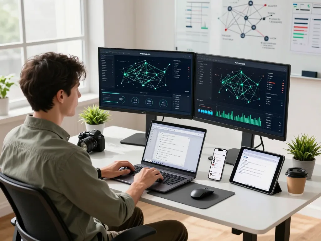 快连 network optimization specialist enhancing connectivity in a modern workspace with dual monitors and advanced tech gear.