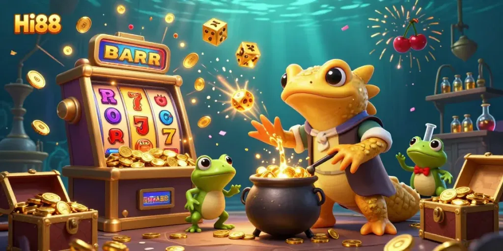 Engage with Hi88's online gaming adventures featuring a vibrant scene of alchemists and jackpots.
