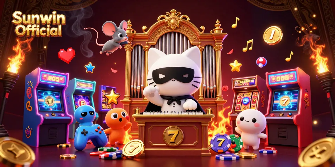 Experience thrilling games at Sunwin Official with colorful slot reels, acrobatic characters, and vibrant casino elements.