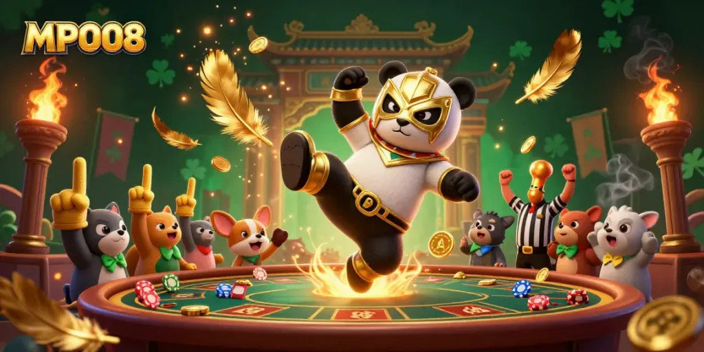MPO08 panda wrestler kicking in a vibrant casino scene with cheering animals and game elements.