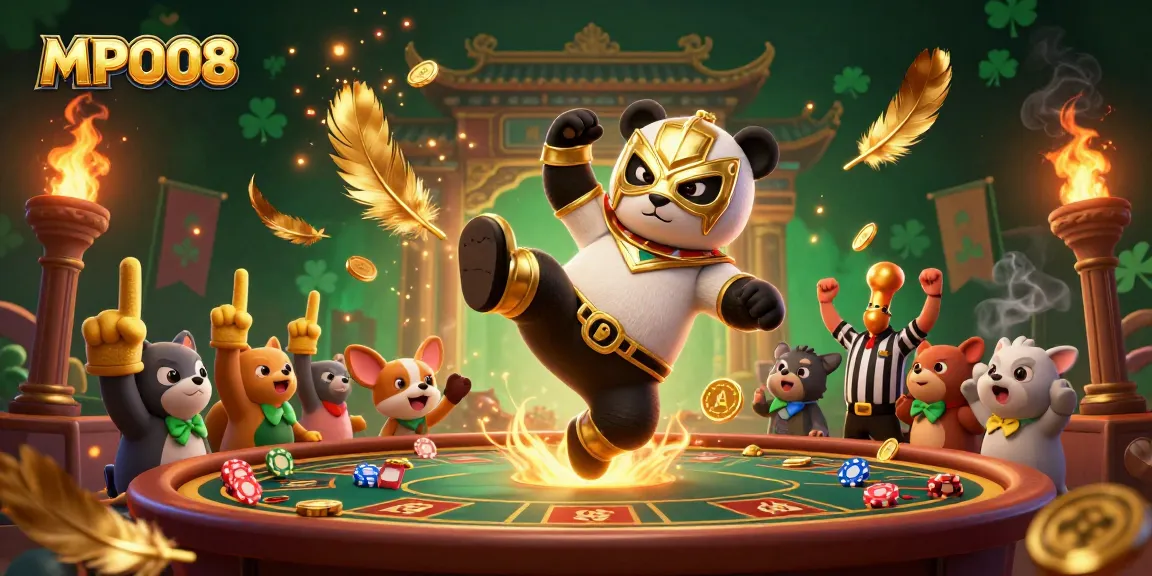 MPO08 panda wrestler kicking in a vibrant casino scene with cheering animals and game elements.
