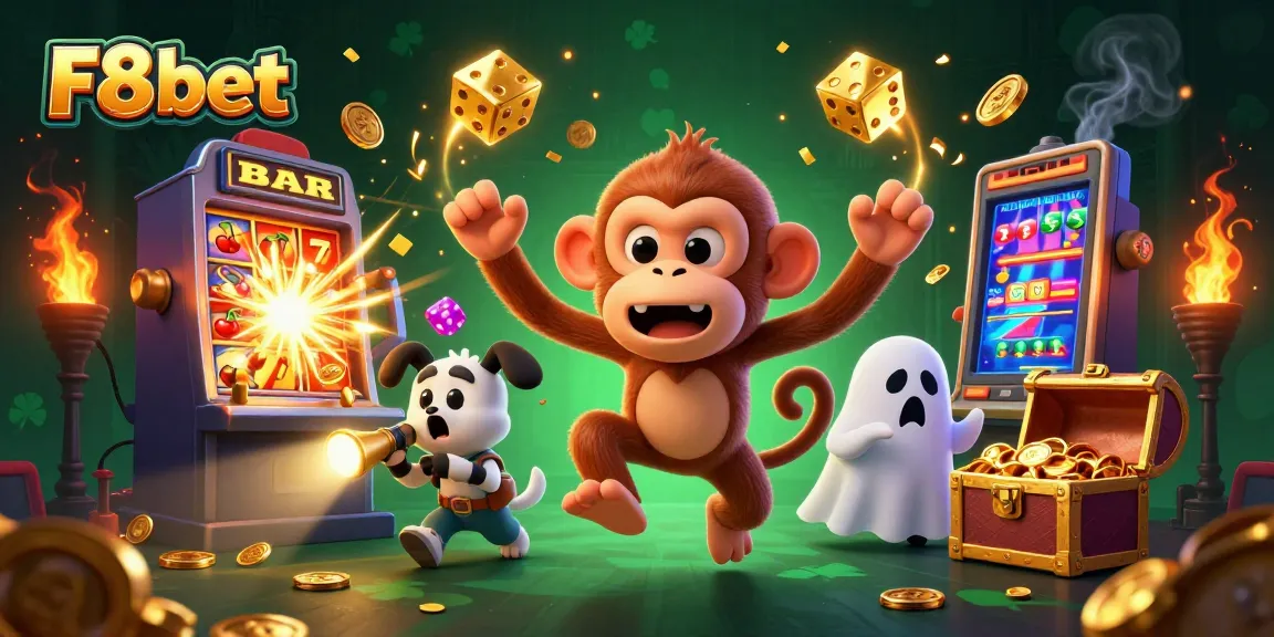 Join the excitement at F8bet as a playful poltergeist monkey juggles golden treasures in a vibrant casino scene.