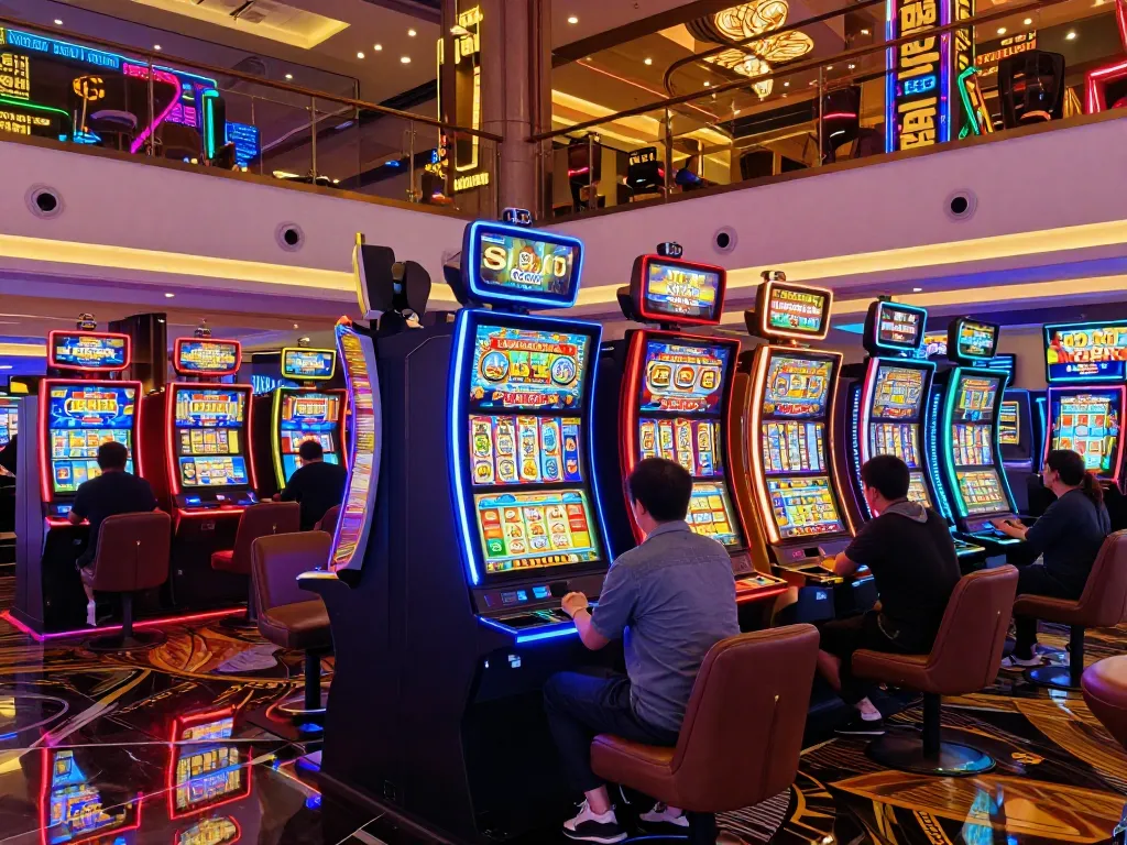 Players enjoying vibrant Slot Gacor machines in a modern casino, showcasing excitement and engagement