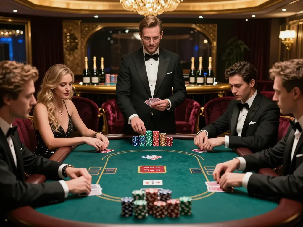 UG DEWA poker players strategizing in a high-stakes VIP gaming atmosphere.