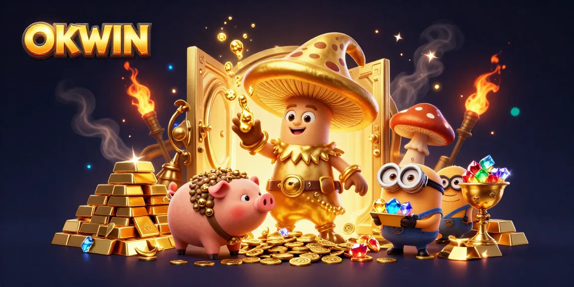 Experience the mesmerizing magic of OKWIN as the golden wizard conjures treasure in a vibrant casino scene.