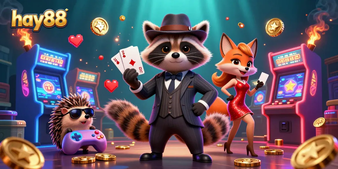 Experience the thrill of gaming with hay88, featuring a raccoon in a royal flush hand.