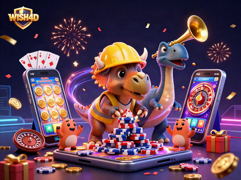 WISH4D celebrates wins with vibrant dinosaurs amidst a dazzling casino scene of slot games and poker chips.
