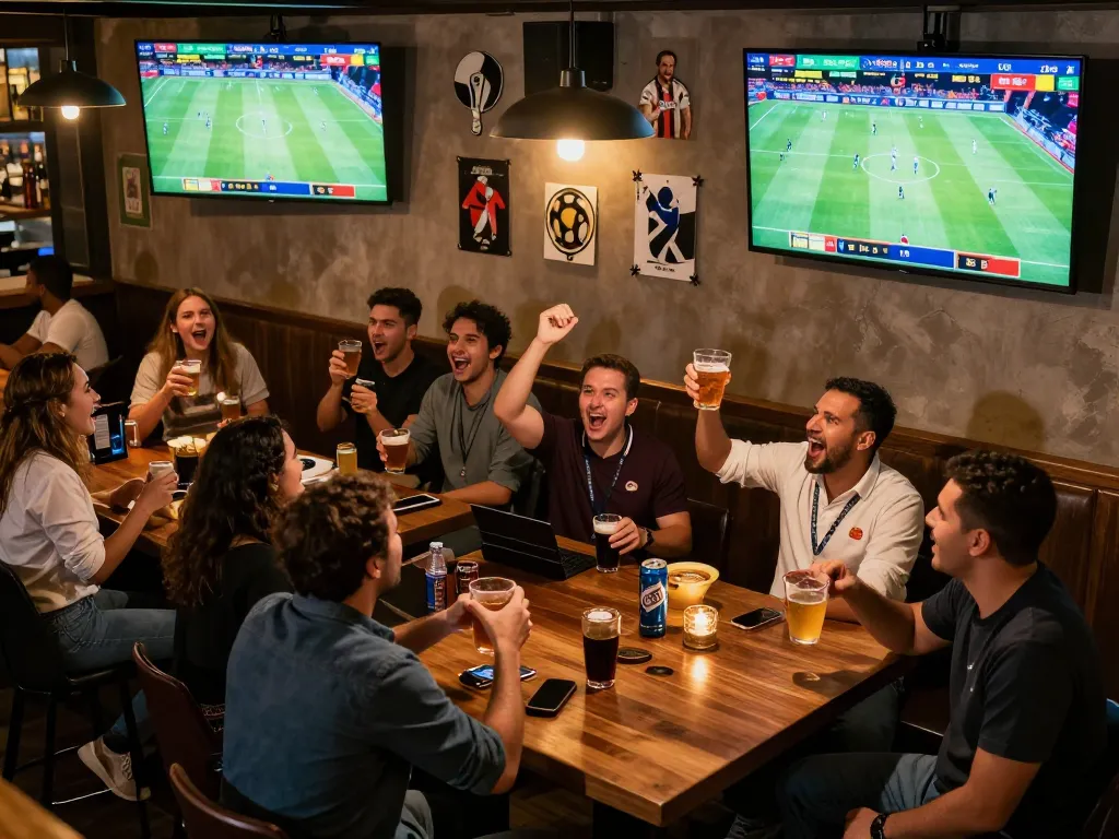 Excited fans place bets during World Cup 2026 matches at a lively sports bar.