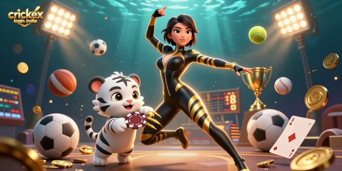 Bet with confidence at crickex login india, featuring dynamic sports elements and a playful white tiger.