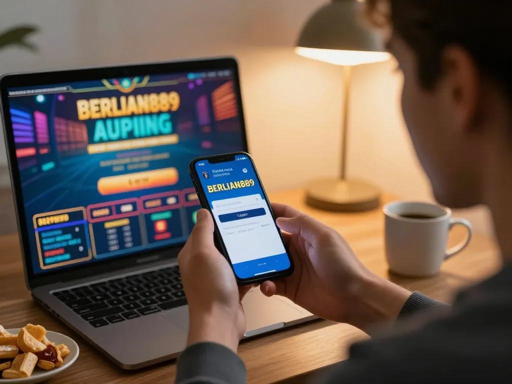 Engaging mobile gaming scene showing BERLIAN889 Login on a smartphone, person focused on online casino.