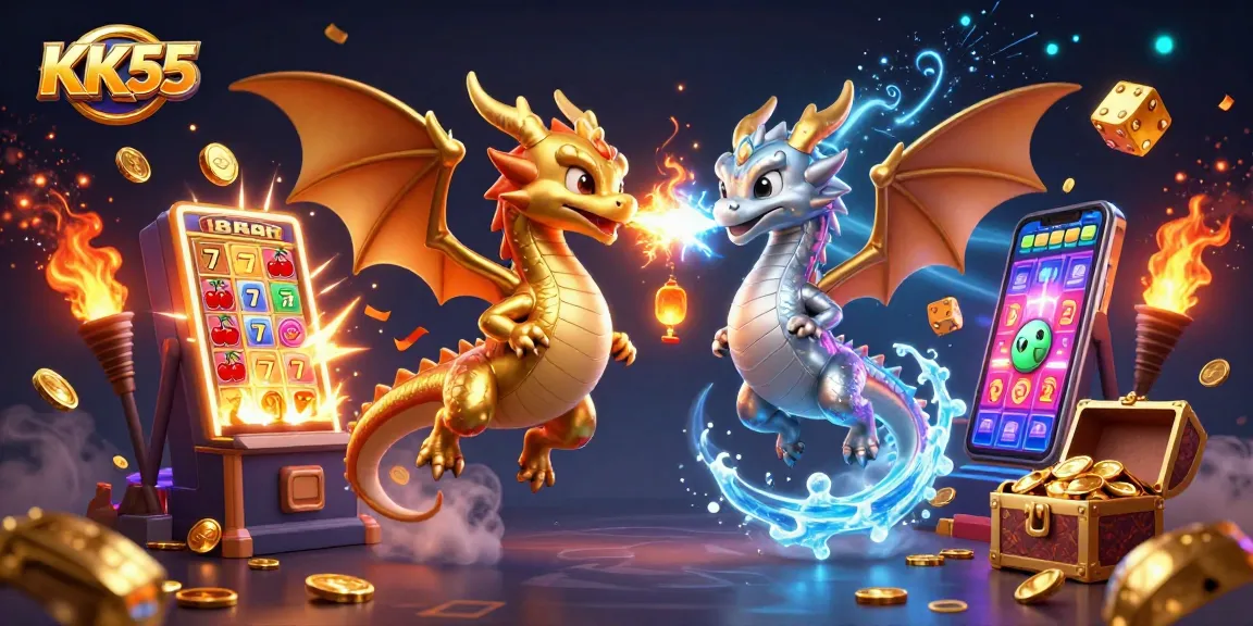 KK55 showcases thrilling 3D dragons amidst casino elements, capturing the excitement of online gaming.