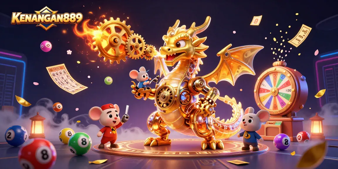 Experience KENANGAN889 excitement with dynamic lottery elements and a golden dragon in action.