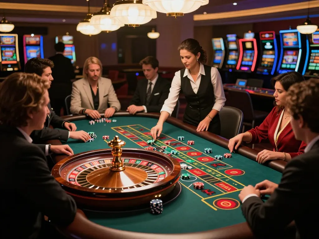 Engaging players at a roulette table experience Pragmati Play action in a luxurious casino.