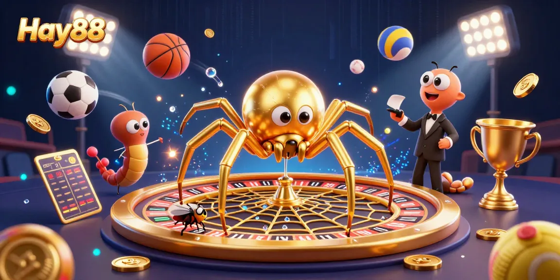 Experience Hay88 thrills as a golden spider spins a roulette web while a fly bets nervously.