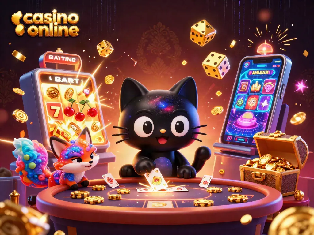 Giocando ai casino online con cat del buco nero e volpe nebulosa nell'illustrazione 3D animata.