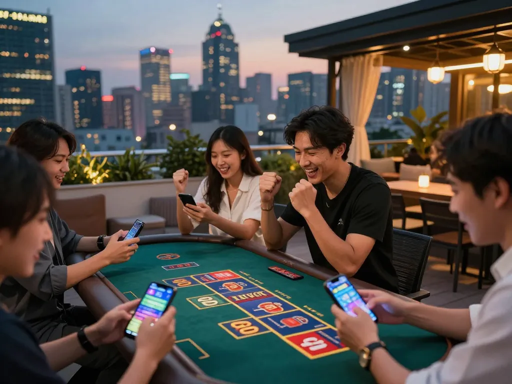 Players celebrating their wins while engaging in DAFTAR IDNSCORE online gaming experience, vibrant city skyline in background.