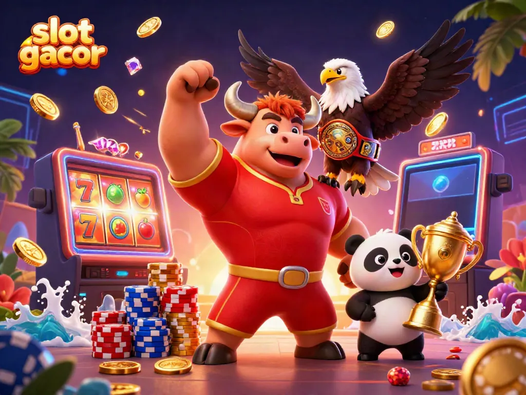Engage with slot gacor gaming excitement featuring our dynamic mascot trio in vibrant casino action.