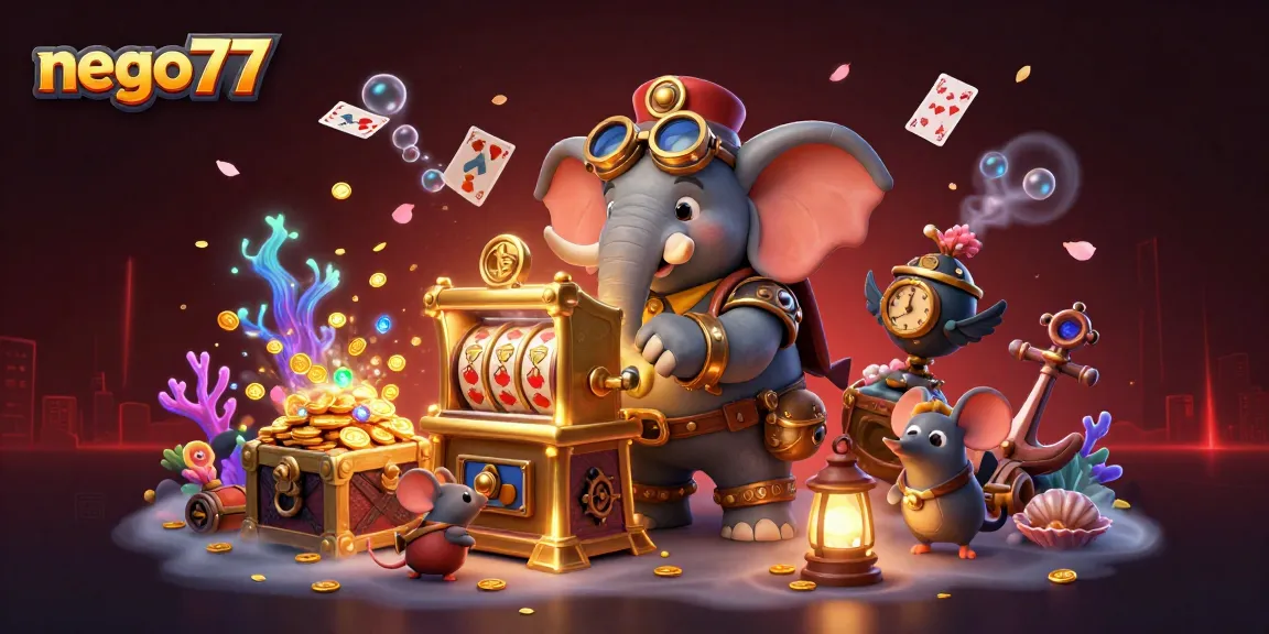 Play thrilling slot games with nego77, featuring an engaging steampunk elephant engineer in a vibrant casino scene.