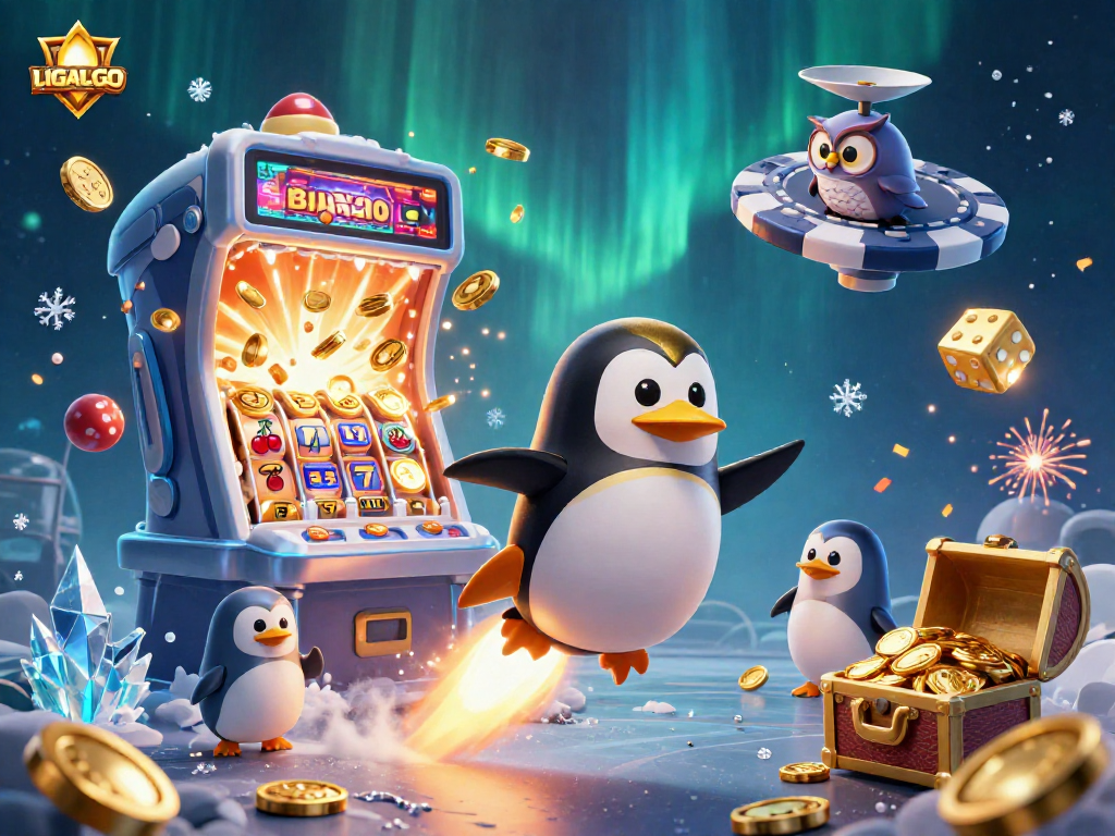 LIGALGO showcases a golden penguin and casino elements in a vibrant, dynamic 3D space scene.