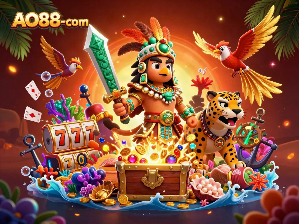 Experience thrilling casino adventures with AO88-com in a vibrant, dynamic 3D illustration.