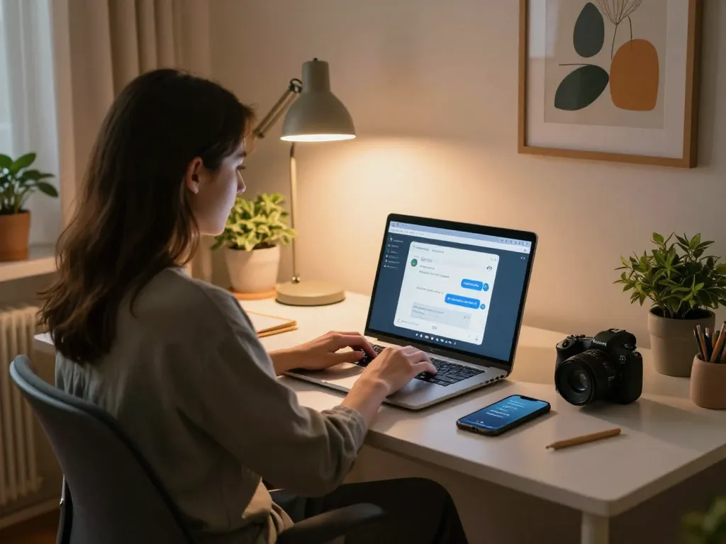 Interactive AI sex chat session in a cozy home office environment, featuring a laptop screen displaying chatbot conversations.