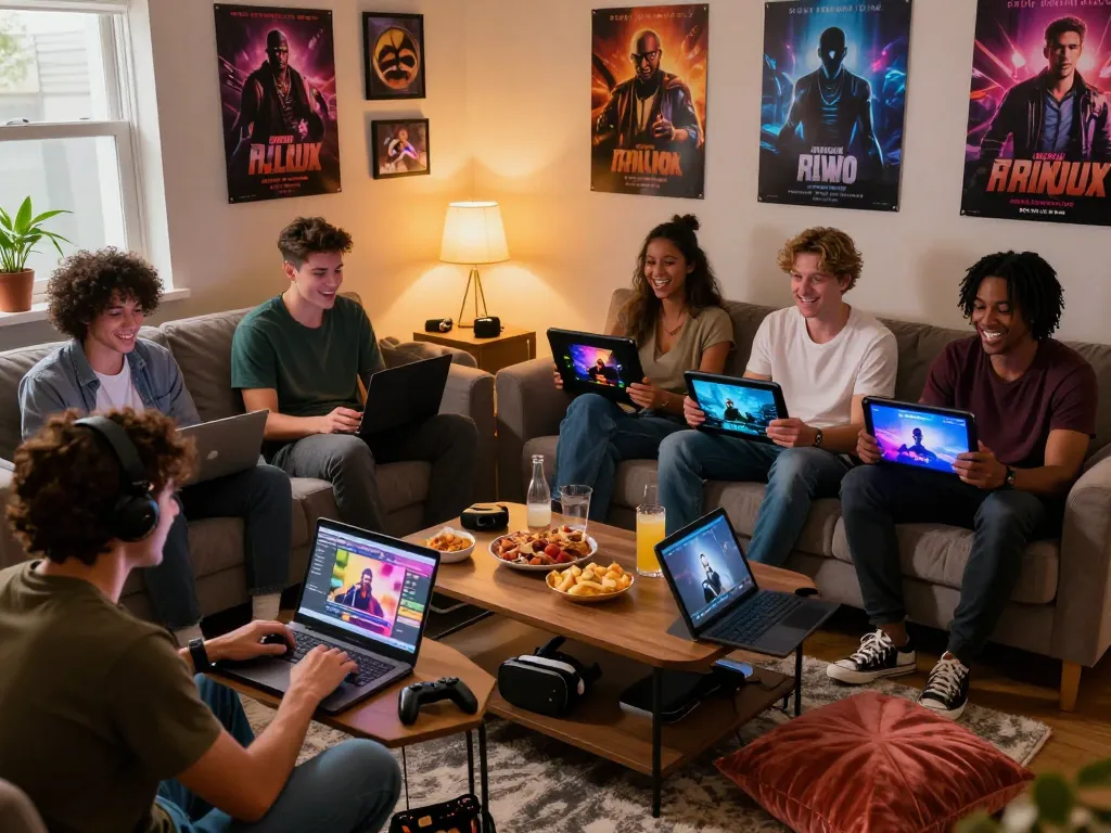 Engaged friends playing gay porn games in cozy room setting.