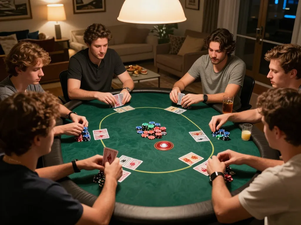 Friends playing poker at home during a game night, showcasing sunhouseofficial lifestyle with strategic gameplay.