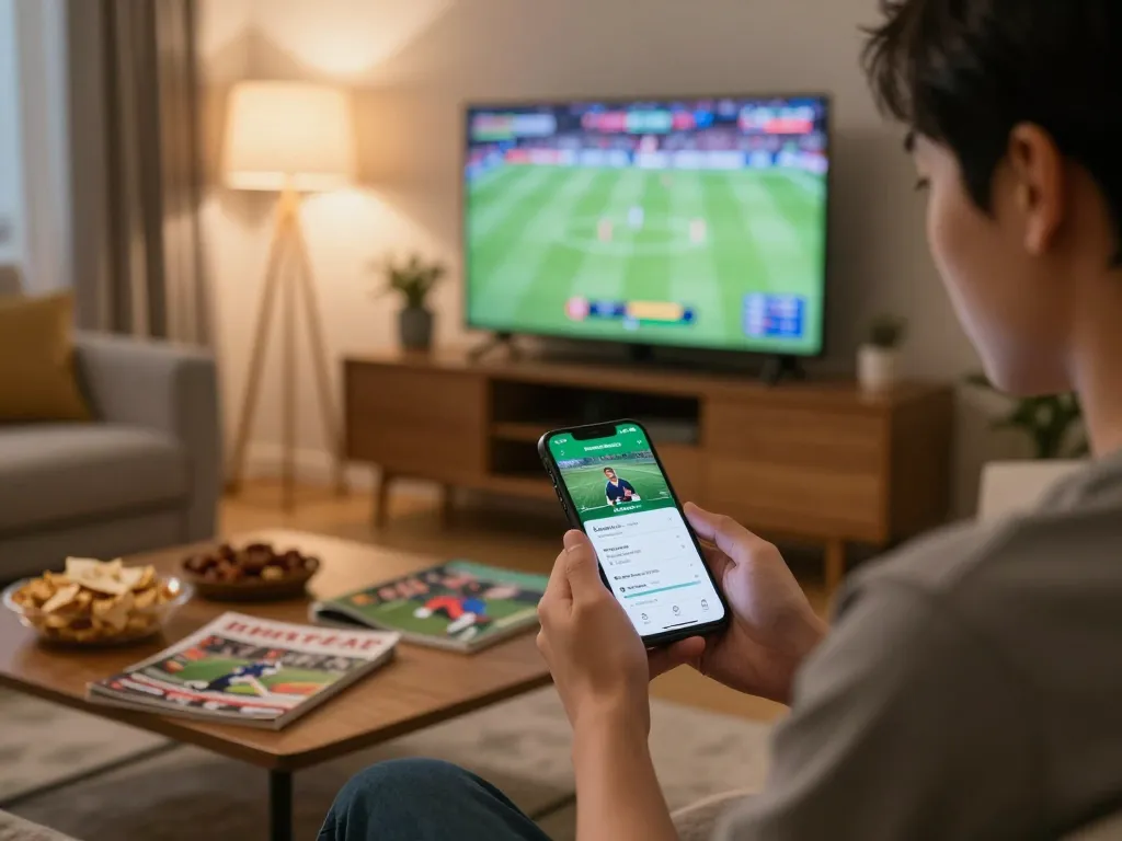 Person utilizing nhandinhkeonhacai app for sports betting in a cozy living room filled with enthusiasm.