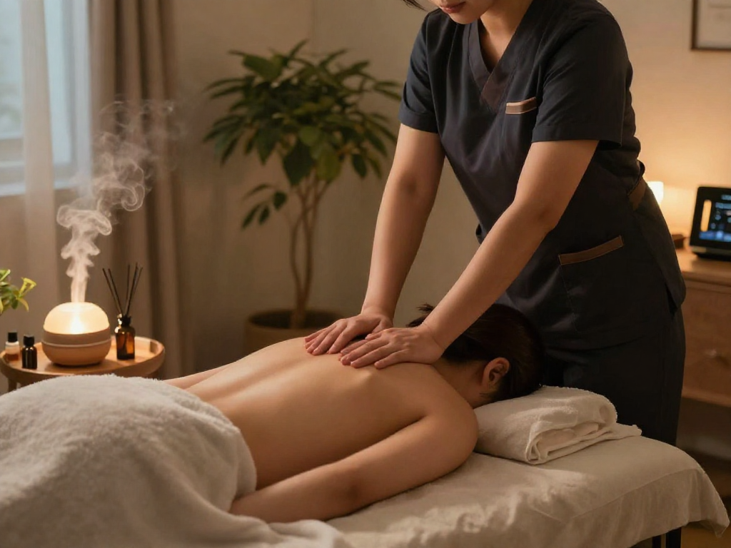 Serene 성남출장마사지 scene with a professional therapist providing relaxation therapy in a calming home environment.