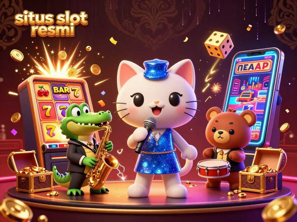 Experience excitement at situs slot resmi with a vibrant 3D casino scene featuring lively characters and jackpot symbols.