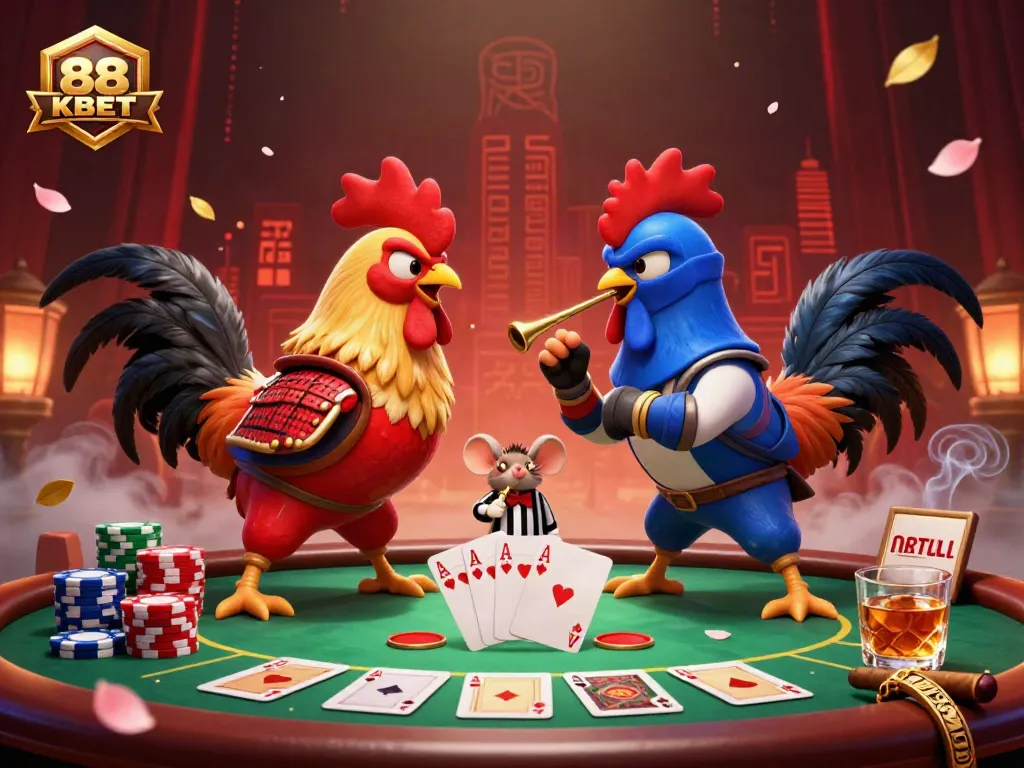 Engage with 88KBET's thrilling cockfighting scene featuring dynamic roosters amid vibrant casino elements.