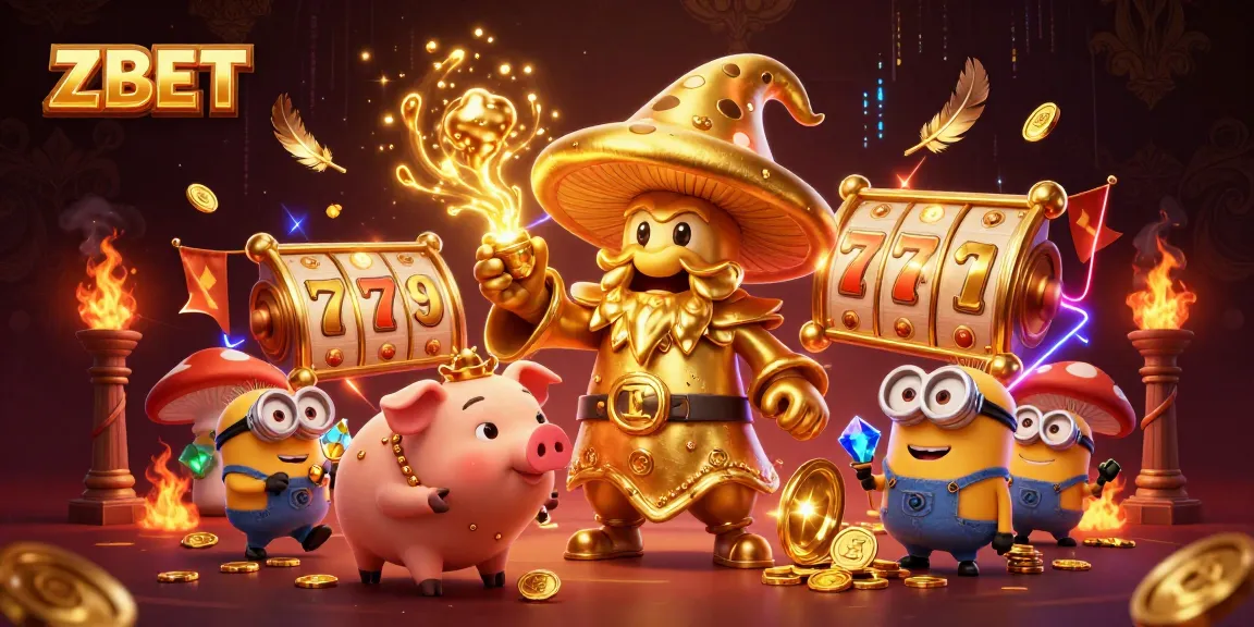 ZBET brings luck and fortune with a golden mushroom wizard, truffle pig, and slot reels