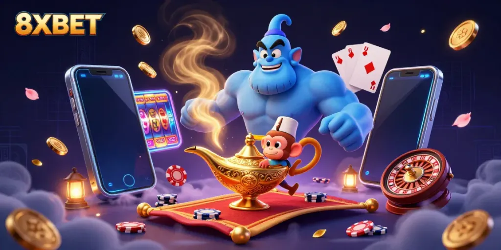 Experience the thrill of 8XBET with a genie emerging from a lamp, surrounded by gaming excitement and poker chips.