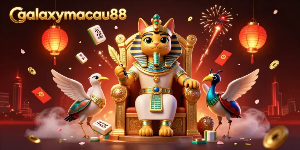 Experience the exciting action of galaxymacau88 with the Egyptian pharaoh cat and vibrant gaming elements.