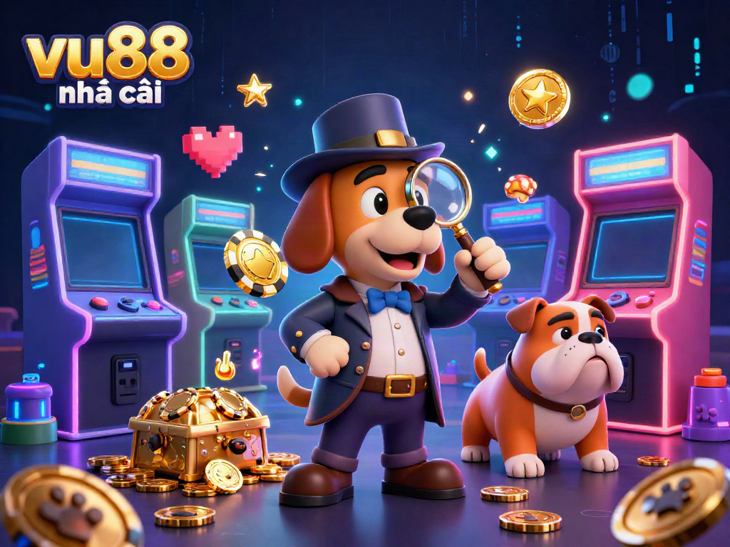 Experience the thrill of vu88 nhà cái in this vibrant 3D illustration featuring a detective uncovering casino treasures.