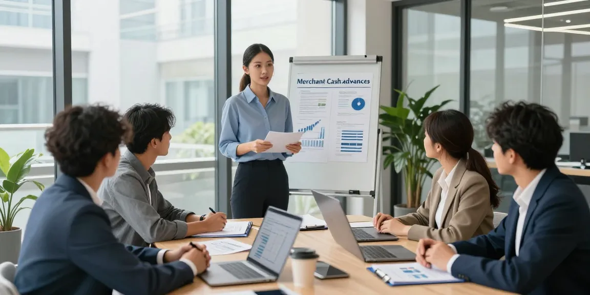 Comparing merchant cash advance vs loan in a business meeting setting with a financial advisor explaining options to small business owners.