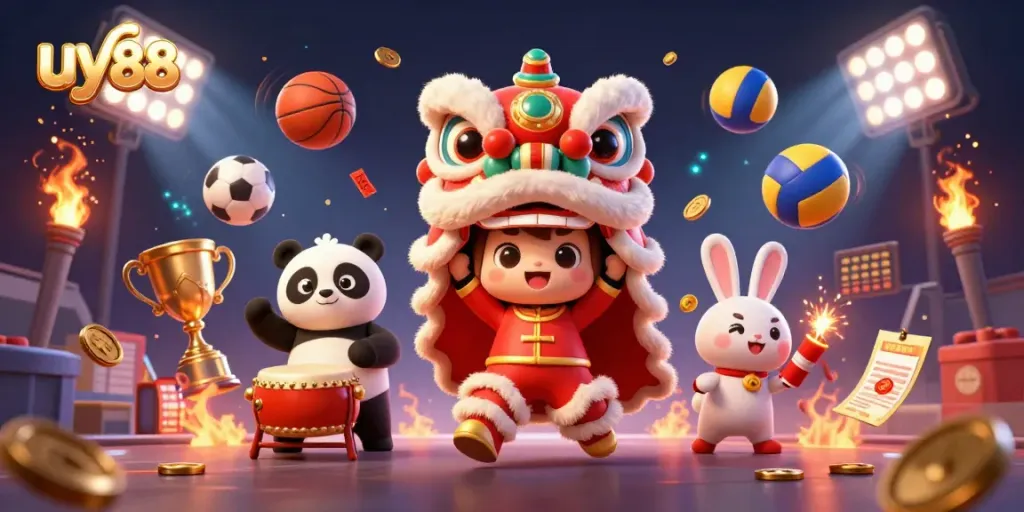 Experience the excitement of uy88 with a vibrant lion dance scene featuring dynamic sports elements.