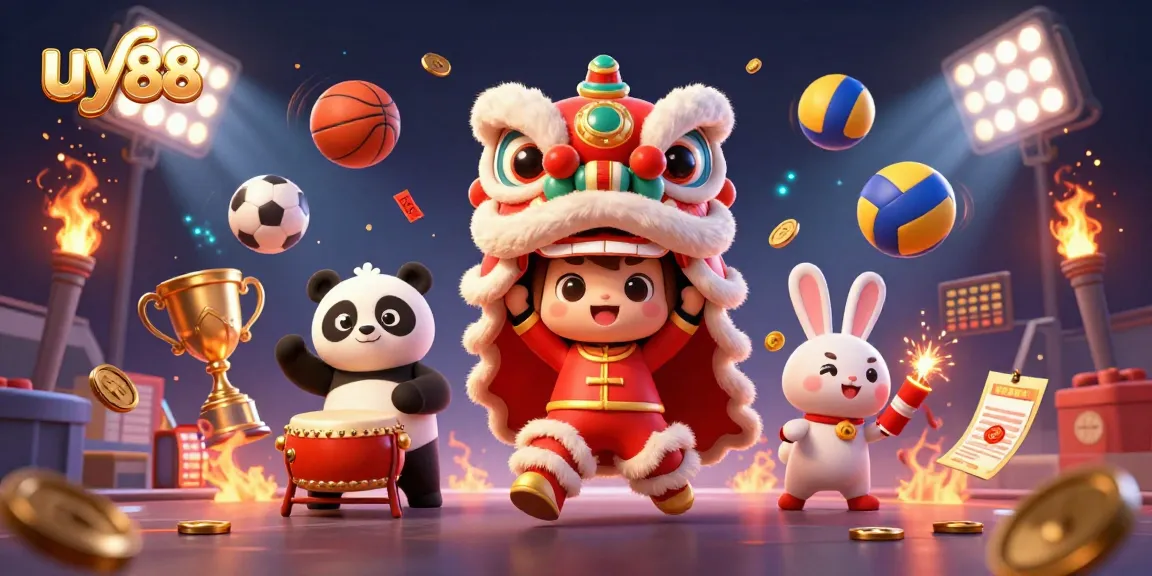 Experience the excitement of uy88 with a vibrant lion dance scene featuring dynamic sports elements.