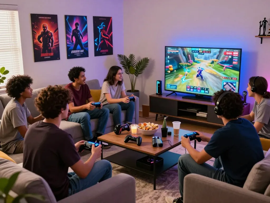 Friends enjoying a multiplayer session at www.mantra88.com in a vibrant gaming atmosphere.