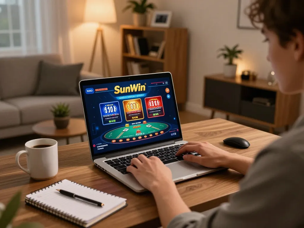 Sunwin player engaging with the casino interface on a laptop, showcasing strategic online gaming.