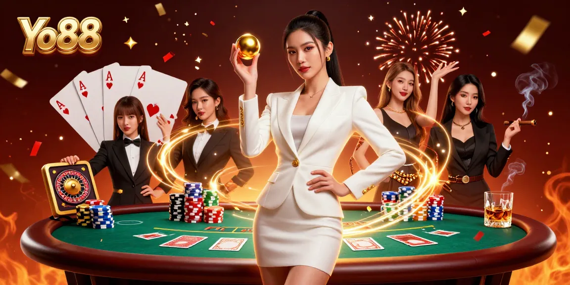 Experience thrilling gameplay at Yo88, showcasing a confident woman holding a roulette ball in a luxurious casino setting.