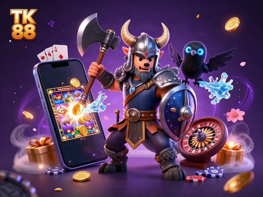 Experience thrilling gaming at TK 88 with a captivating scene featuring a Viking warrior and mythical creatures in a casino backdrop.