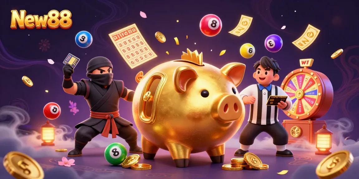 Engage with New88's exciting casino atmosphere featuring a dynamic gold piggy bank wrestler in action.