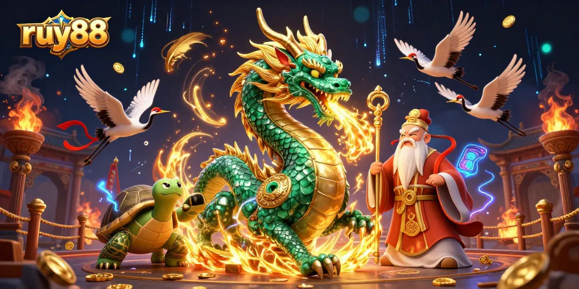 Experience the vibrant ruy88 casino scene with a jade dragon, fortune cranes, and mystical energy!