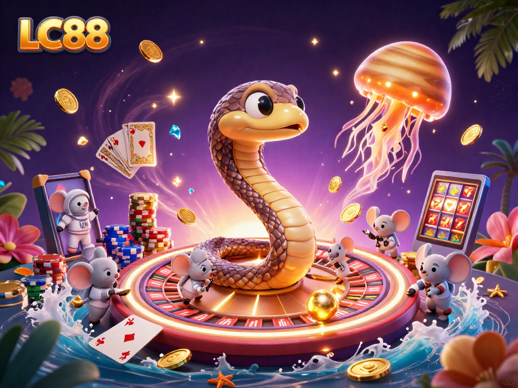Enjoy vibrant gaming excitement with LC88's cosmic casino illustration featuring roulette and astronaut mice.
