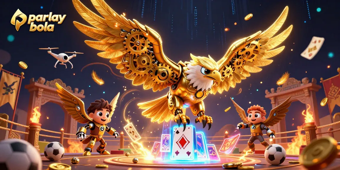 View an exciting scene of parlay bola featuring a cybernetic golden eagle in dynamic sports betting action.