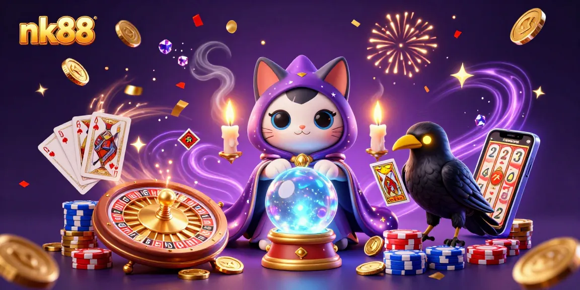 Bet on exciting outcomes at nk88 with animated fortune teller cat and vibrant casino elements.