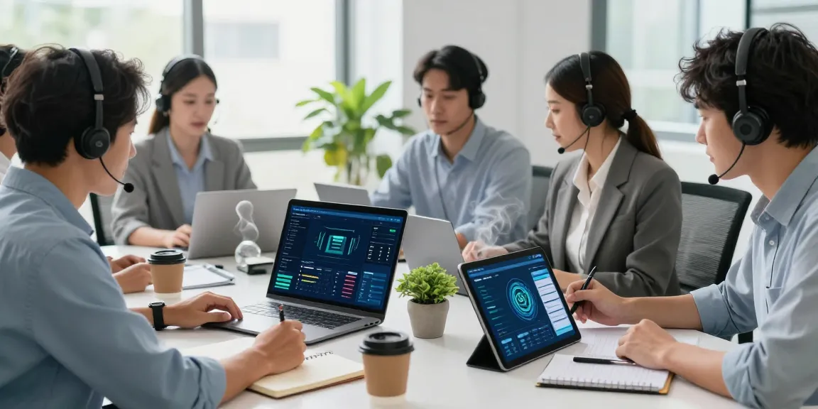 Dynamic IT support team analyzing business IT support services with live data dashboards in a sleek office environment.