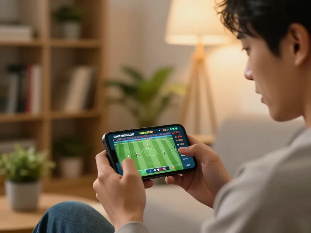 GG88 user placing live sports bets on smartphone in a cozy home setting, capturing the excitement of online gambling